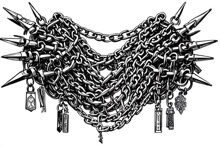 chains sternum tattoo with clips holding charms, spikes and other accessories  tattoo design idea