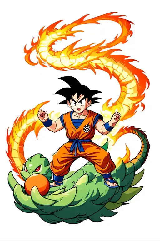 kid goku on nimbus with shenron and dragon balls tattoo design idea