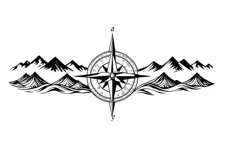 large compass with long north point surrounded by intricate geometric moutains and waves. grayscale.  tattoo design idea