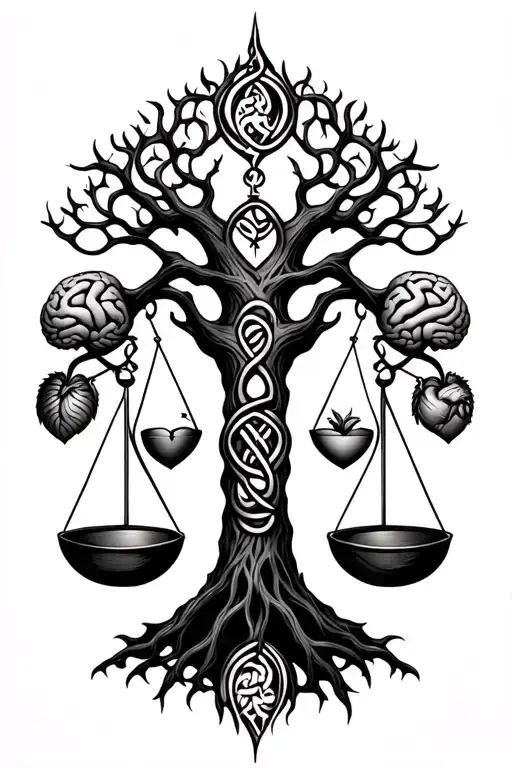 a celtic tree of life with a set of scales in front of and seperate with a heart on one scale and a brain on the other  tattoo design idea