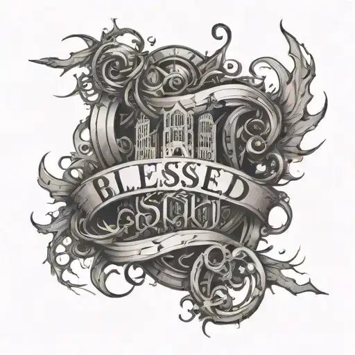 draw me a sketch for a tattoo with the inscription blessed and in the background a gray city where chaos occurs tattoo design idea