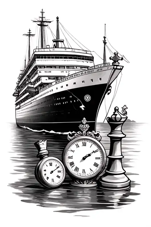 chess and clock and cruise ship tattoo design idea