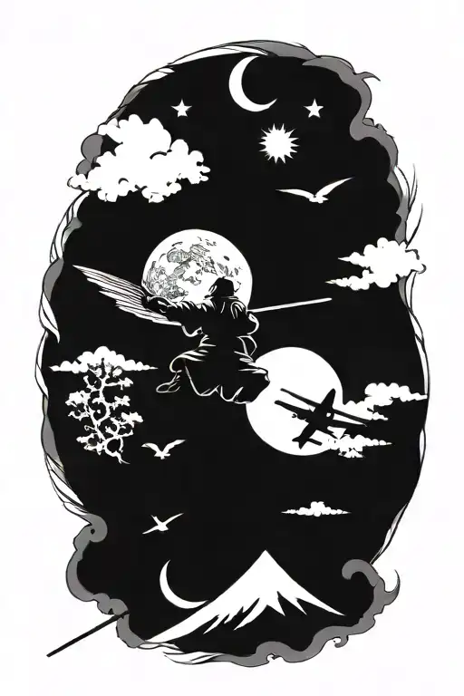 kamikaze plane, samurai, katana, full moon surrounded tattoo design idea