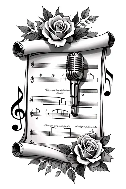 sheet music,on scroll with rosesinterlocked with microphone& music notes tattoo design idea