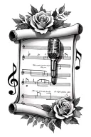 sheet music,on scroll with rosesinterlocked with microphone& music notes tattoo design idea