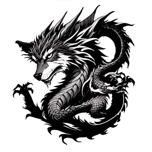 wolf and dragon figthing to god area tattoo design idea