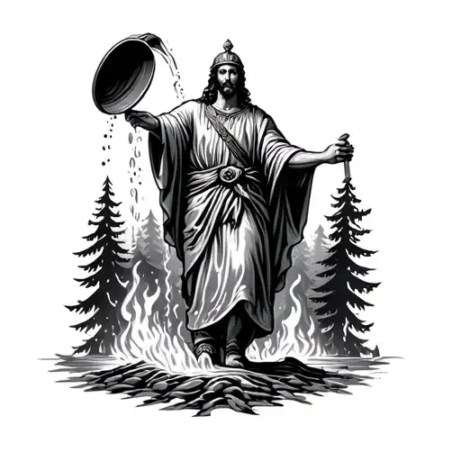 saint florian pouring out bucket of water over forest fire tattoo design idea