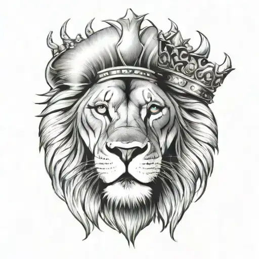 a majestic and nobel lion head with mesmerizing eyes and a crown tattoo design idea