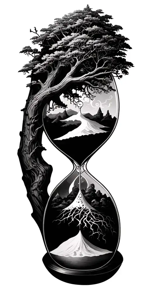 I should pull yggdrasil over the entire left arm and grow through an hourglass where the sand of time runs through. a tattoo design idea