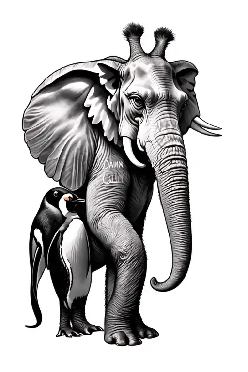 life like half leg tattoo with elephant giraffe penguin gorilla including names Damian and Calum tattoo design idea