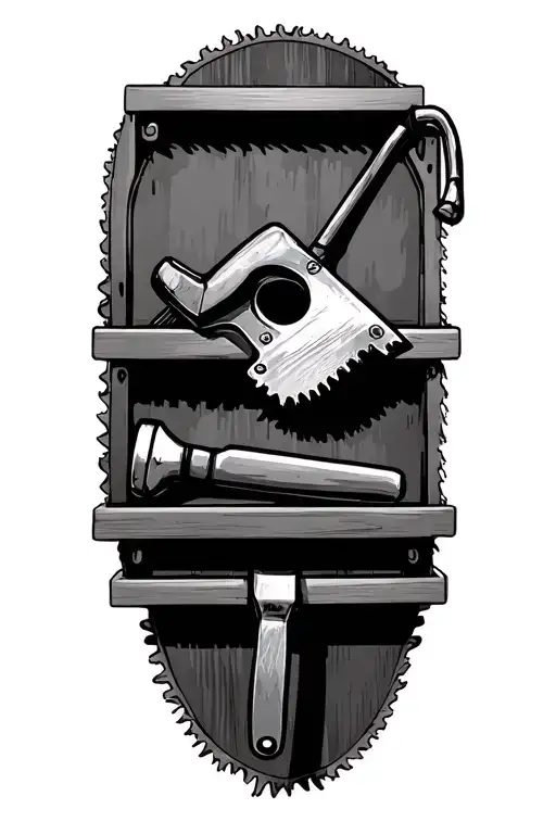 hammer saw and level hanging on a shelf tattoo design idea