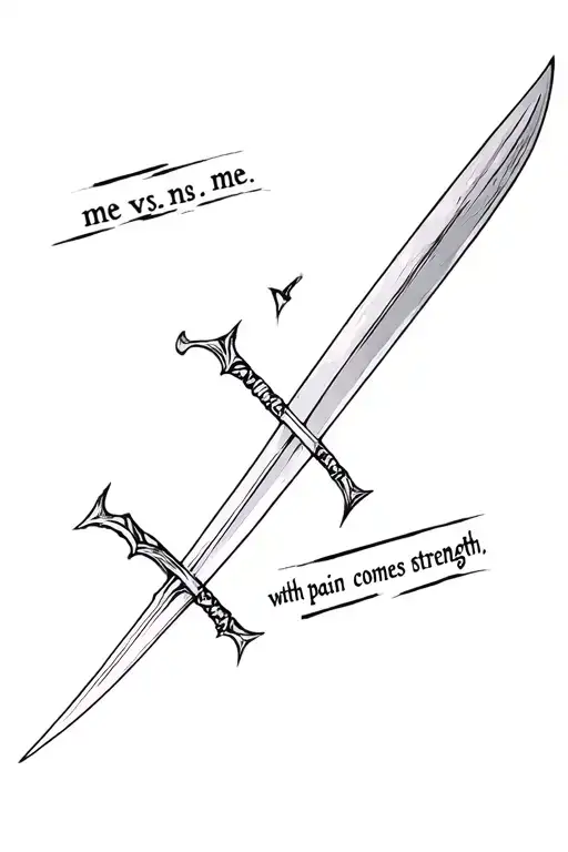 sword  with the phrases "me vs. me" and "with pain comes strength l" tattoo design idea