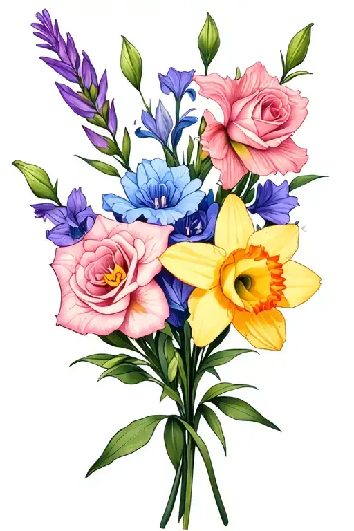 small bouquet featuring purple gladiolus,  daffodil, light blue and lilac sweet pea, pink rose tattoo design idea
