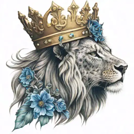 silent lion wearing a crown with blue eyes  tattoo design idea