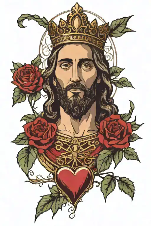 a portrait focused on the head of Jesus Crist in a front on pose with a sacred heart at his chest  tattoo design idea