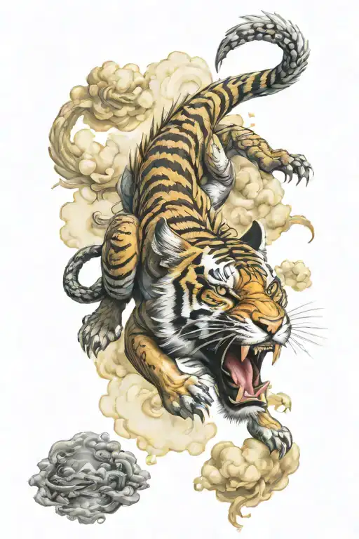 tiger fighting dragon glory bright glitter shining clouds tattoo design idea