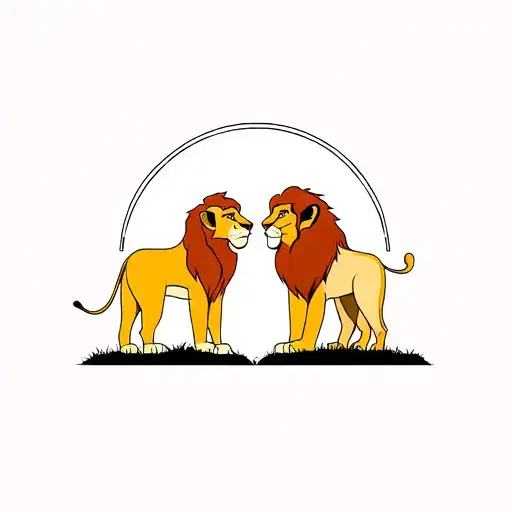 Simple Lion King tattoo with simba and mufasa looking off at a sunset faces facing the sun tattoo design idea