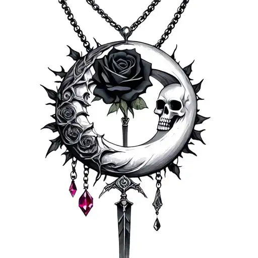 Thorn as the necklace with a moon , skull, black rose, dagger and october birthstone hanging from it tattoo design idea