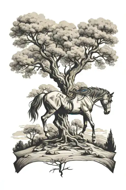 Horse, Olive tree, forest scene tattoo design idea