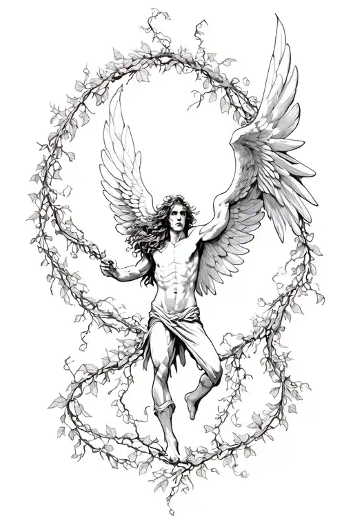 angel man falling and poison ivy vines wrapped round tattoo design idea