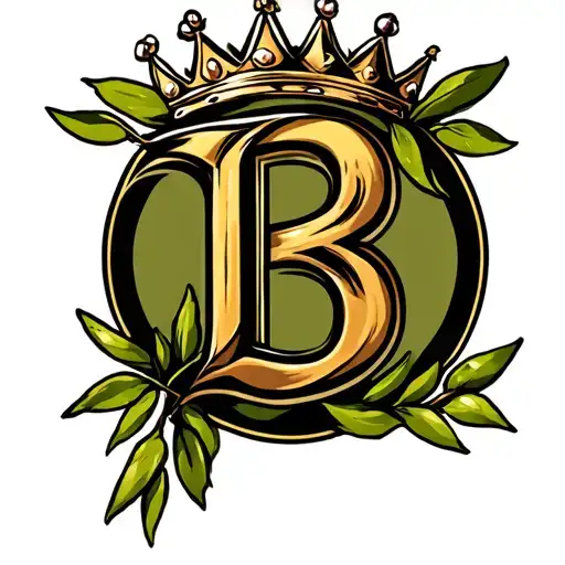 letter b with a crown on top inside of an olive branch circle  tattoo design idea