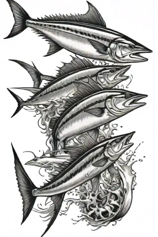 saltwater fishing boat with tuna, sailfish, and mahi mahi under the water tattoo design idea