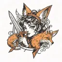 a anime style girl with red fox ears, a fluffy tail, she's holding a dagger. she also has a scar crossing her left eye tattoo design idea