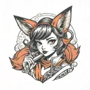 a anime style girl with red fox ears, a fluffy tail, she's holding a dagger. she also has a scar crossing her left eye tattoo design idea