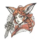 a anime style girl with red fox ears, a fluffy tail, she's holding a dagger. she also has a scar crossing her left eye tattoo design idea