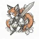 a anime style girl with red fox ears, a fluffy tail, she's holding a dagger. she also has a scar crossing her left eye tattoo design idea