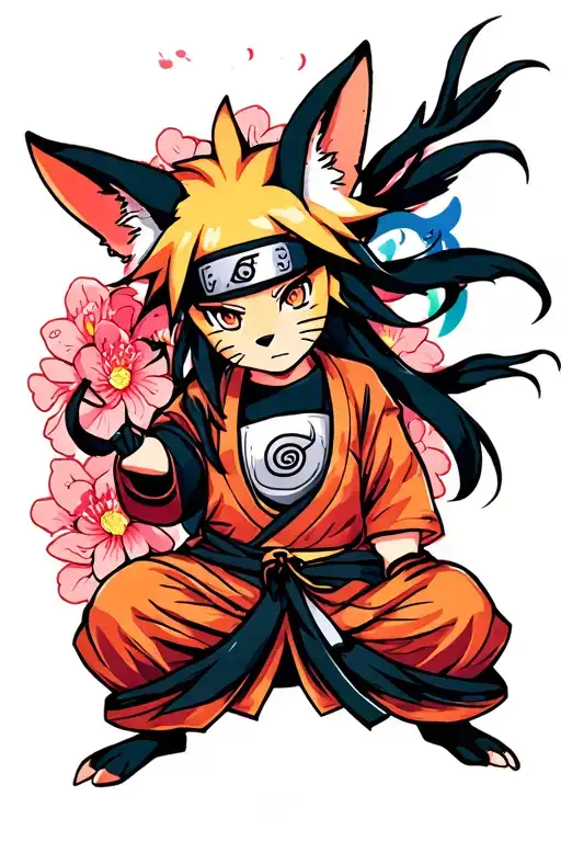 Japanese culture figures, Sakura, Tori, Kitsune, Ryu, calls to the anime Naruto with Akatsuki and Rennegan tattoo design idea
