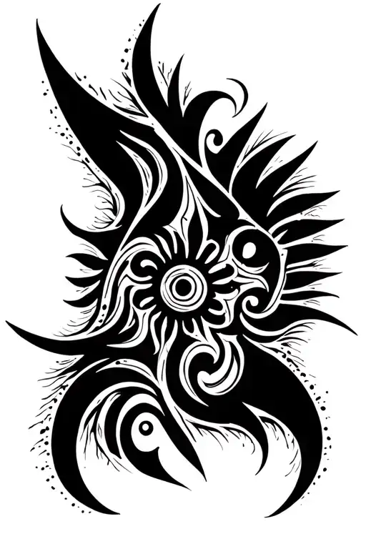 A vertical tribal tattoo in black with a repetitive pattern of sharp, curved and interconnected elements. The pattern sh tattoo design idea