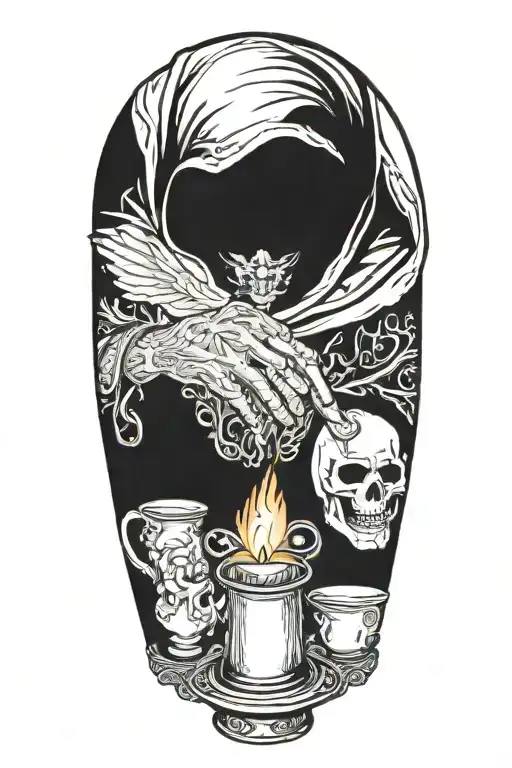 Hodded alchemist performing ritual, tarot cards, cups, beakers, candles tattoo design idea