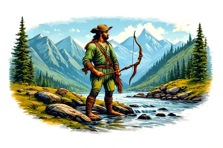 bowman (guy with bow and arrow) in mountains with a stream tattoo design idea