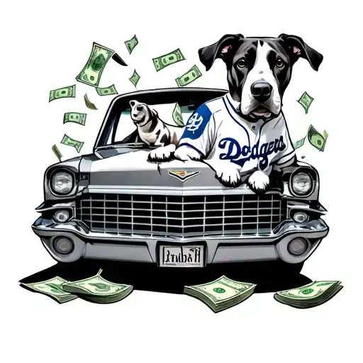 A dog wearing a Dodgers jersey sitting in a Cadillac with money raining down around them tattoo design idea