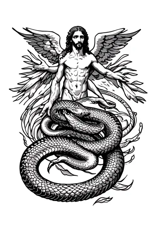 tattoo for the forearm and hand, it should include a serpent and the arch angel michael or jesus killing the serp tattoo design idea