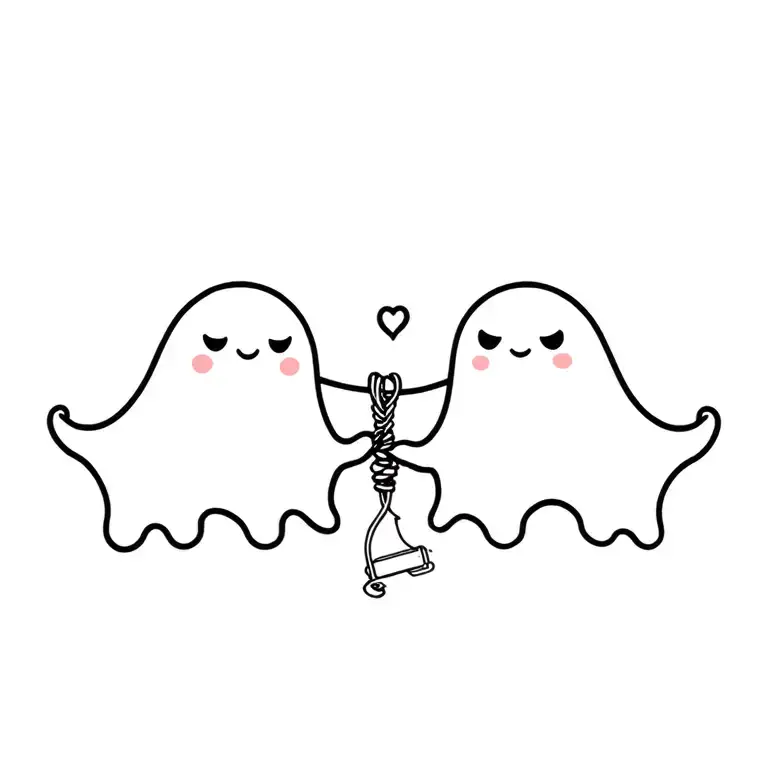 cute matching ghosts holding string phone tattoo design idea
