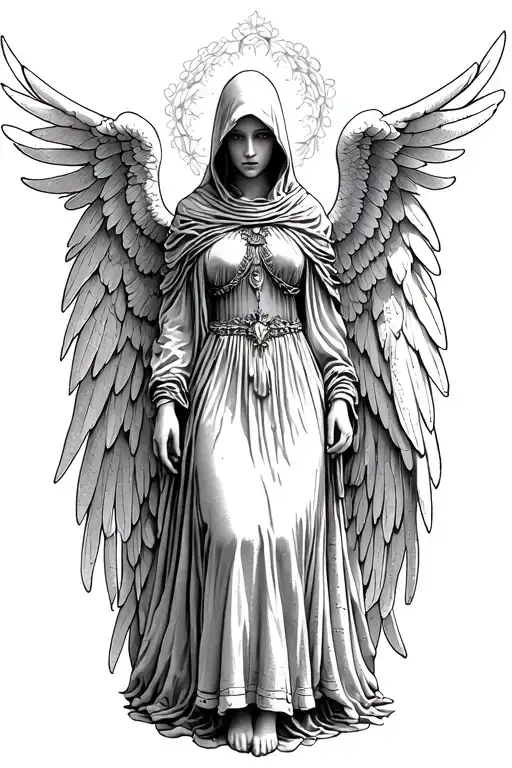 Angel guardian hood long skirt leaning tattoo design idea