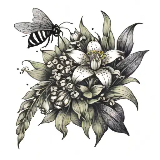 bouquet of flowers with wheat, lilly of the valley, snowdrops and leaves. a bee and a ladybug flying above it. tattoo design idea