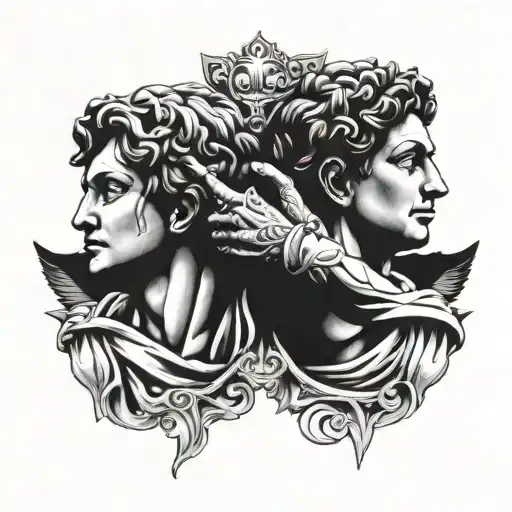 roman statues holding hands tattoo design idea