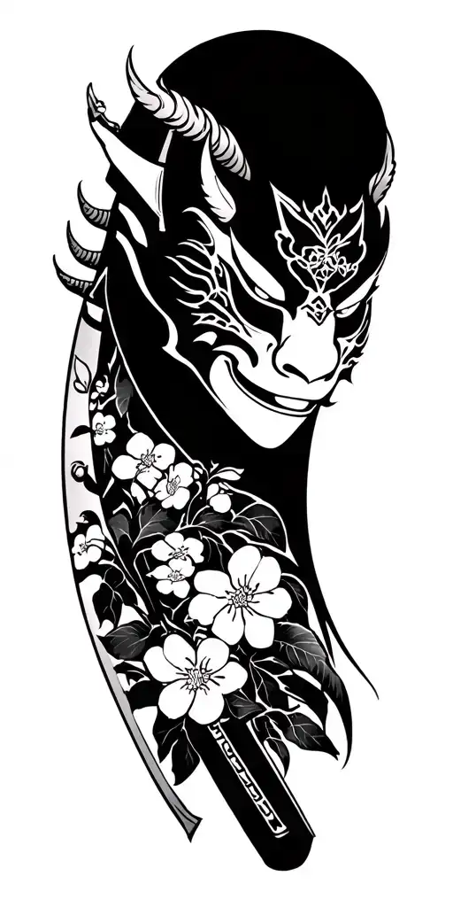 Oni mask on the shoulder, a katana down the arm, small cherry blossoms down the arm, a torii and all black and white tattoo design idea