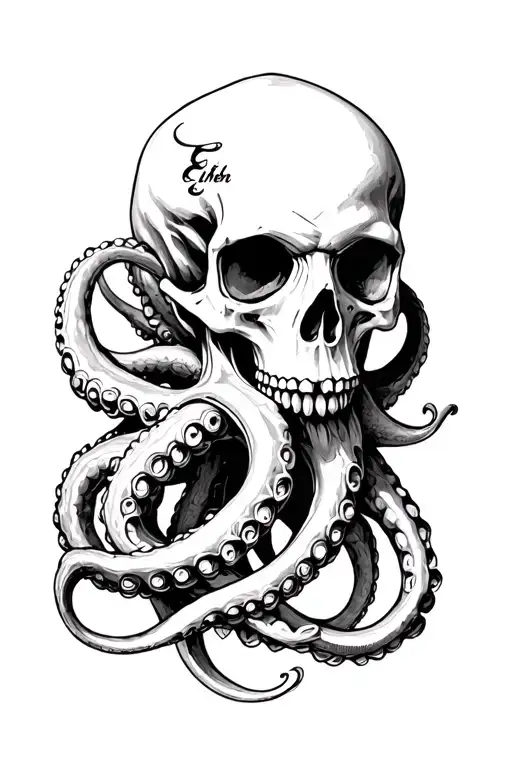 nautical skull and kraken wrapping its tentacles spelling Ethen  tattoo design idea