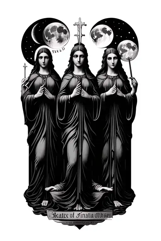 the 3 faced goddess Hekate showing young middle age and old, holding the moon in various phases tattoo design idea