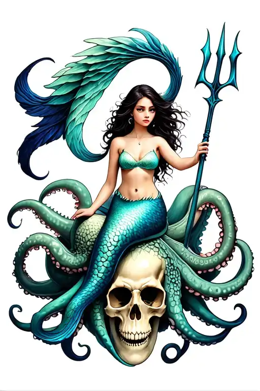 A siren mermaid is sitting on an octopus/skull hybrid and is holding a trident tattoo design idea