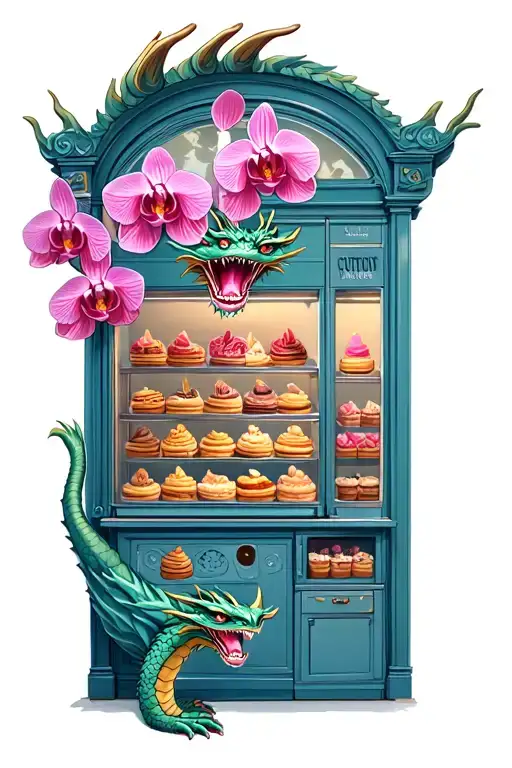 Dragon guarding a bakery filled with orchid-shaped treats tattoo design idea