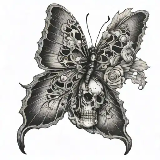 butterfly with a skull inside on forearm. date of birth on the wrist. metamorphosis from catterpillar to top tattoo design idea