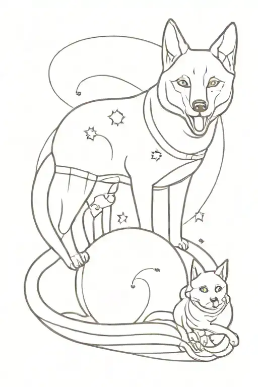 Space, dog, cat, finline design with light shading tattoo design idea
