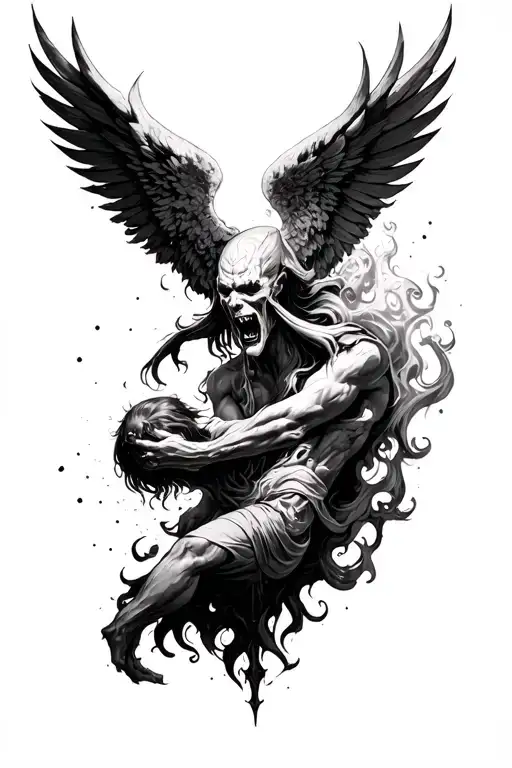 heaven vs hell in a war heaven on top of them arm, hell on the bottom tattoo design idea