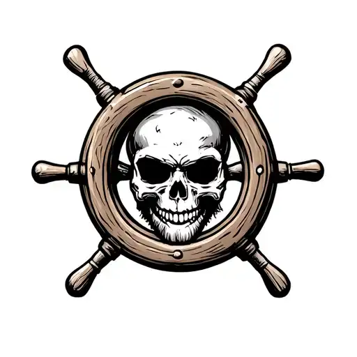 pirate wooden steering wheel turned into a compas with a full anchor under it and a skull with a long goatee somewhere tattoo design idea