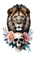 full arm tattoo with a lion head a skull and flowers tattoo design idea